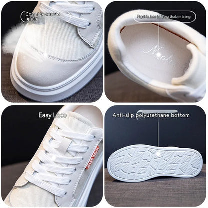 Women's pink leather board shoes with thick height-increasing sole on beige background