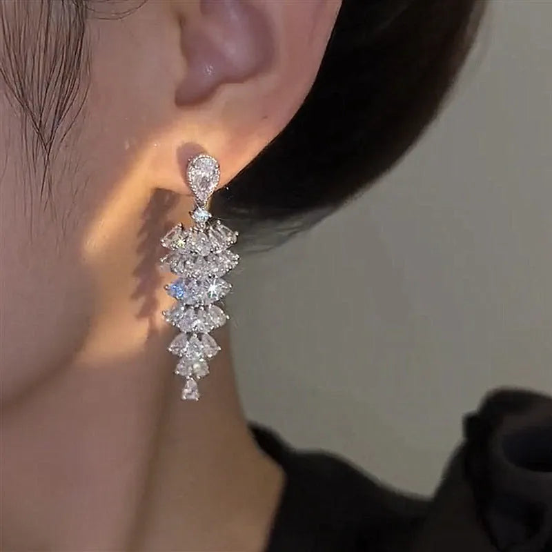 Silver pagoda Christmas tree drop earrings with zircon crystals for women