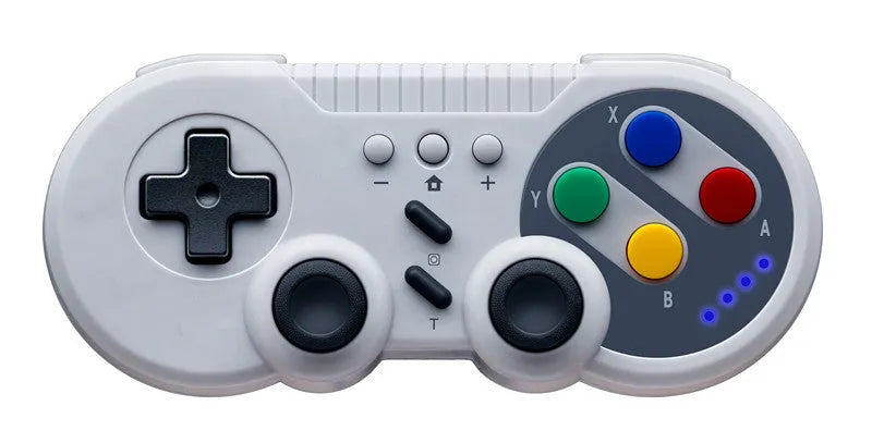 Wireless Nintendo Switch Pro controller in black, white, or blue with analogue sticks and action buttons.