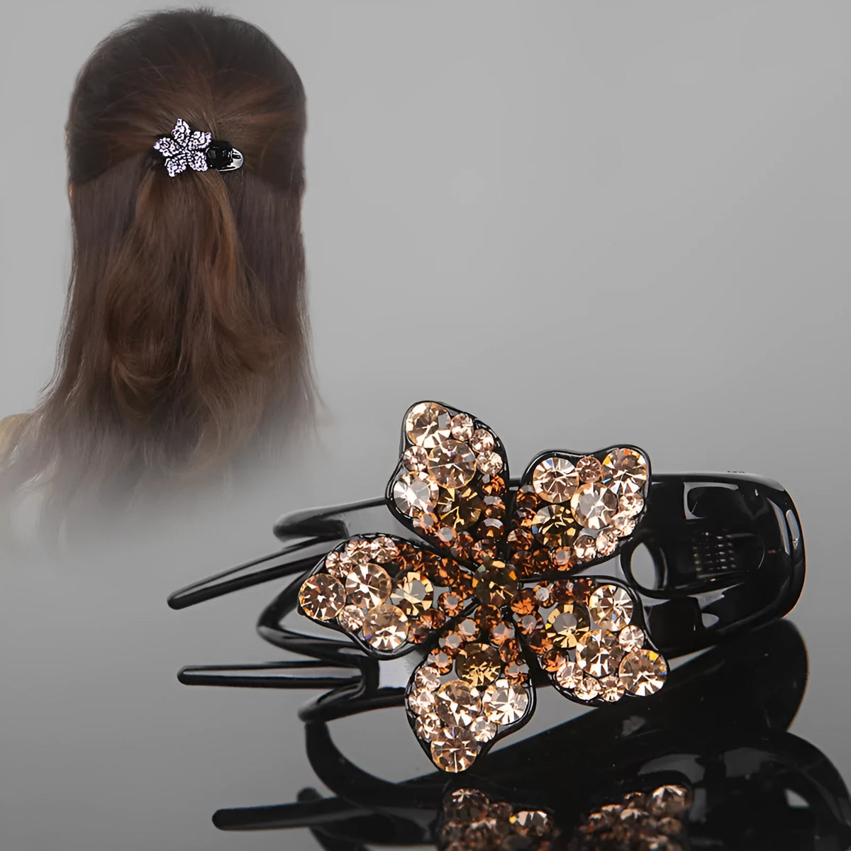 Rhinestone flower three-jaw clamp hair barrette in blue black grey for back-head styling