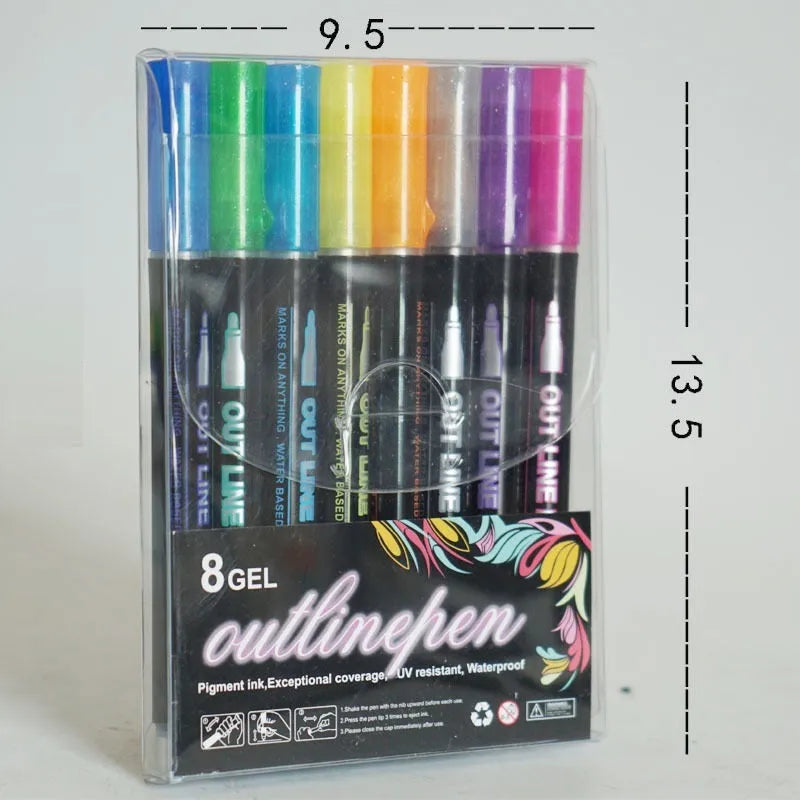 Set of 12 double line metal body pens in various colours for card making and marking