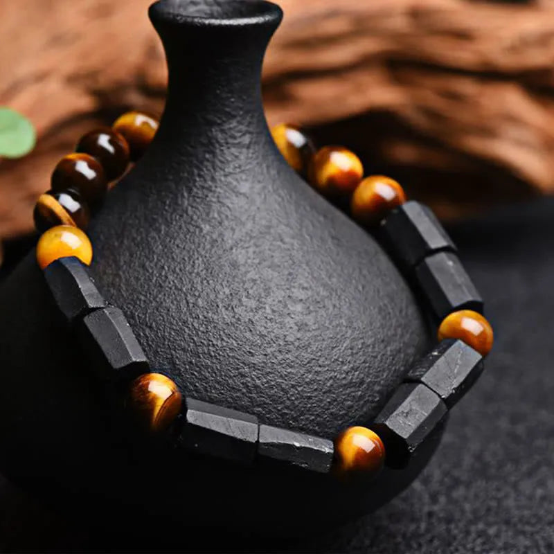 Natural obsidian single ring bracelet with 8mm beads and retro constellation design.