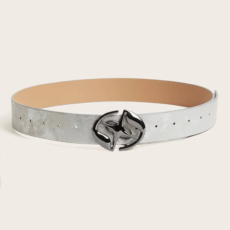 Retro thick women's belt with oval alloy buckle in earth style grey white colour