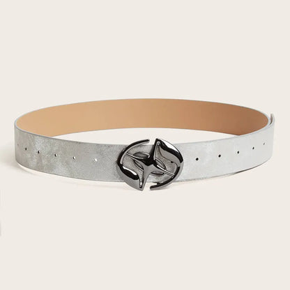 Retro thick women's belt with oval alloy buckle in earth style grey white colour