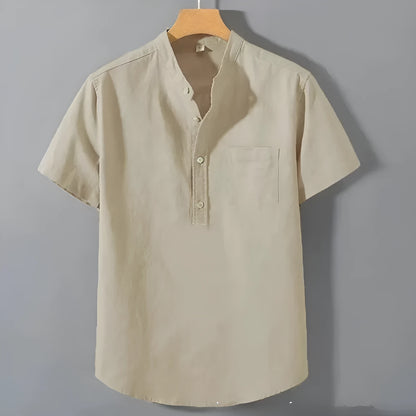 Men's casual beige linen-cotton shirt with stand collar and short sleeves on a hanger