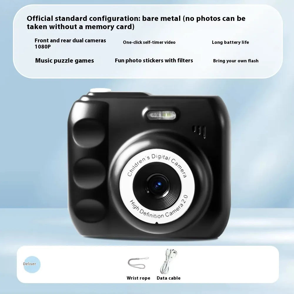 Children's Campus MINI HD digital camera in black, 1920x1080 video, food grade ABS, about 120g, with data cable and manual