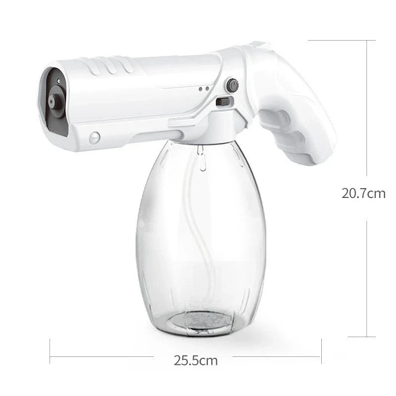 Cordless blue light nano spray gun with 800ml tank, nano-level atomisation, and long-lasting battery life for indoor and outdoor disinfection