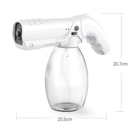 Cordless blue light nano spray gun with 800ml tank, nano-level atomisation, and long-lasting battery life for indoor and outdoor disinfection