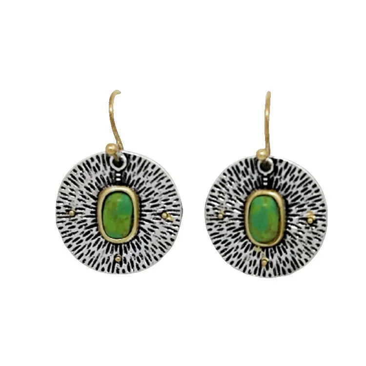 A pair of retro-style earrings with turquoise colour separation and an antique silver electroplated finish.
