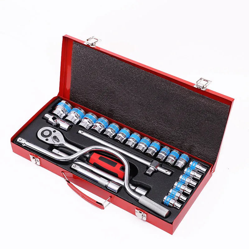 24-piece curved bow car repair wrench and socket set in storage case
