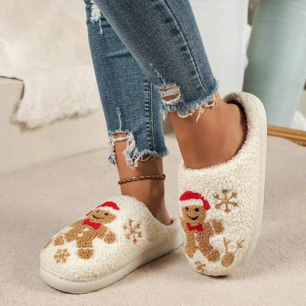 Festive Snowflake Gingerbread Slippers with plush upper and non-slip sole for cozy indoor wear
