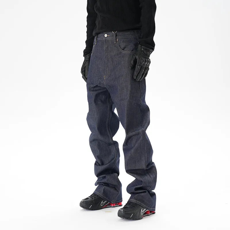 Men's dark blue loose straight-leg denim jeans laid flat, showing front view.