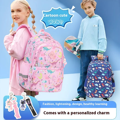 Blue children's school backpack with dinosaur pattern, showing curved shoulder straps and front pocket.