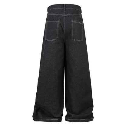 Black multi-pocket pleated workwear jeans with mid-waist fit and zip fly closure