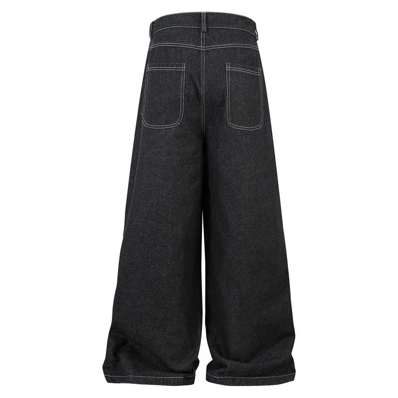 Multi-pocket pleated workwear jeans in classic black denim with mid-waist fit and zip fly, crafted from cotton fabric for daily wear in sizes M, L, XL, and 2XL with straight trousers length.