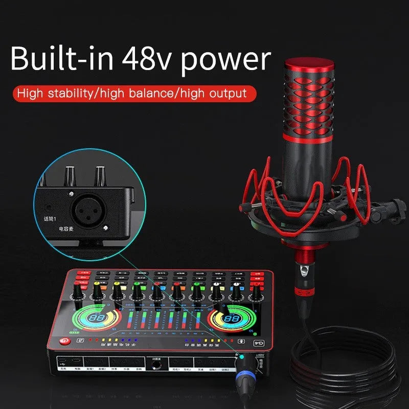 G4 professional USB sound card mixer with LCD screen, multiple knobs, and included microphone and cables