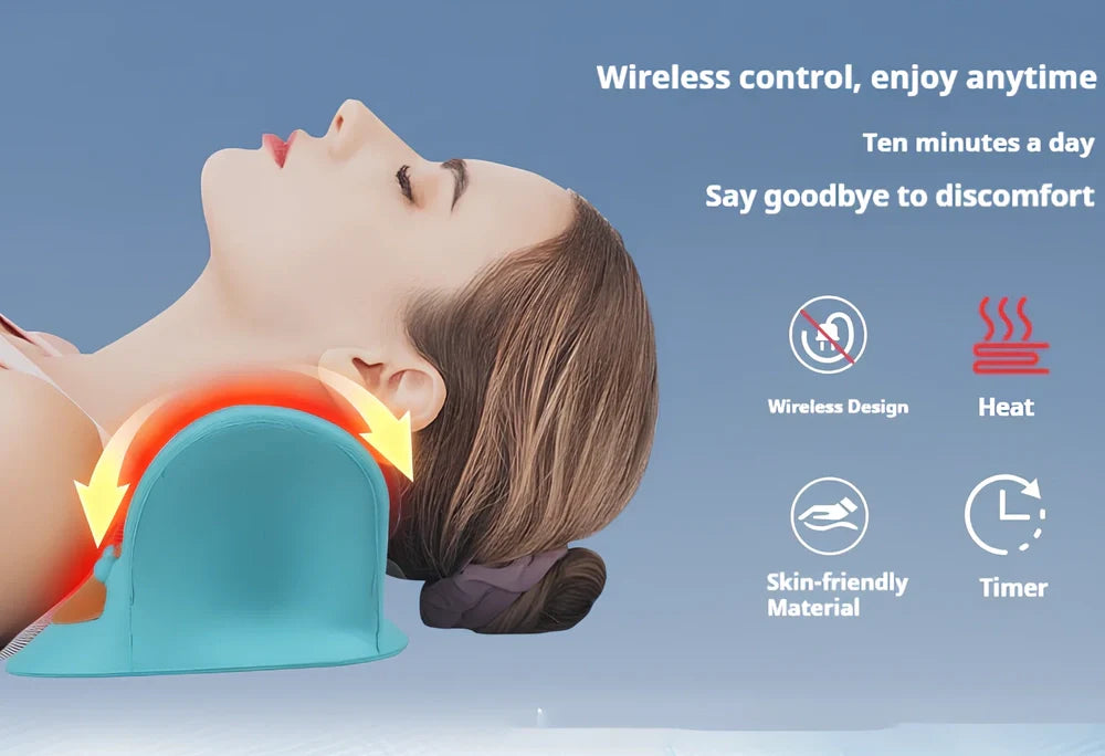 Blue cervical traction device with infrared therapy lights and USB connection