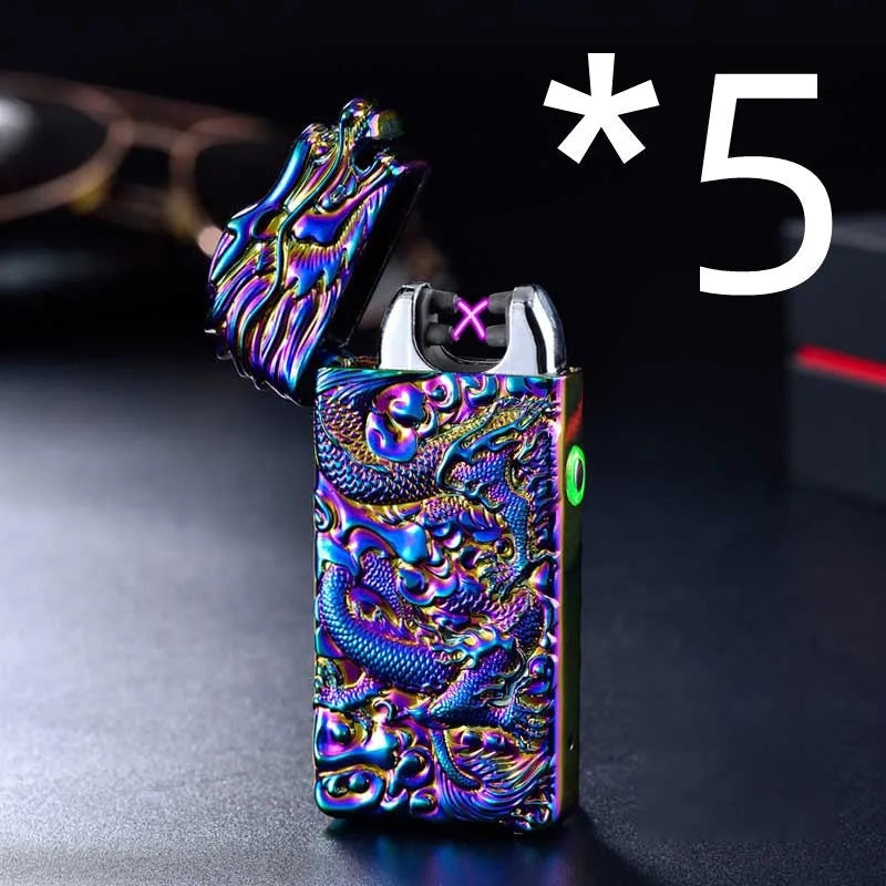 USB rechargeable windproof metal lighter with embossed arc design in multiple colour options