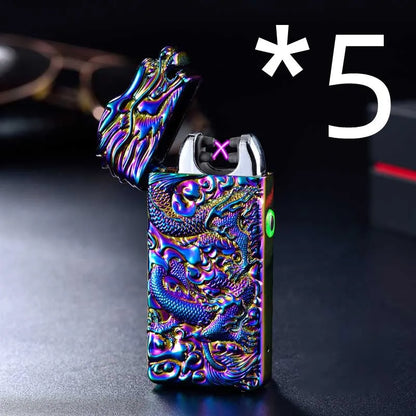 USB rechargeable windproof metal lighter with embossed arc design in multiple colour options