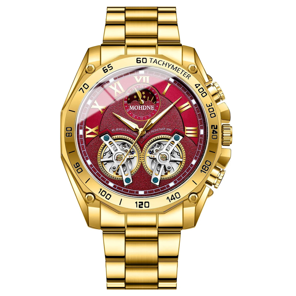 Men's hollow mechanical watch 11mm thick with visible movement and choice of gold, black steel, or white steel finish