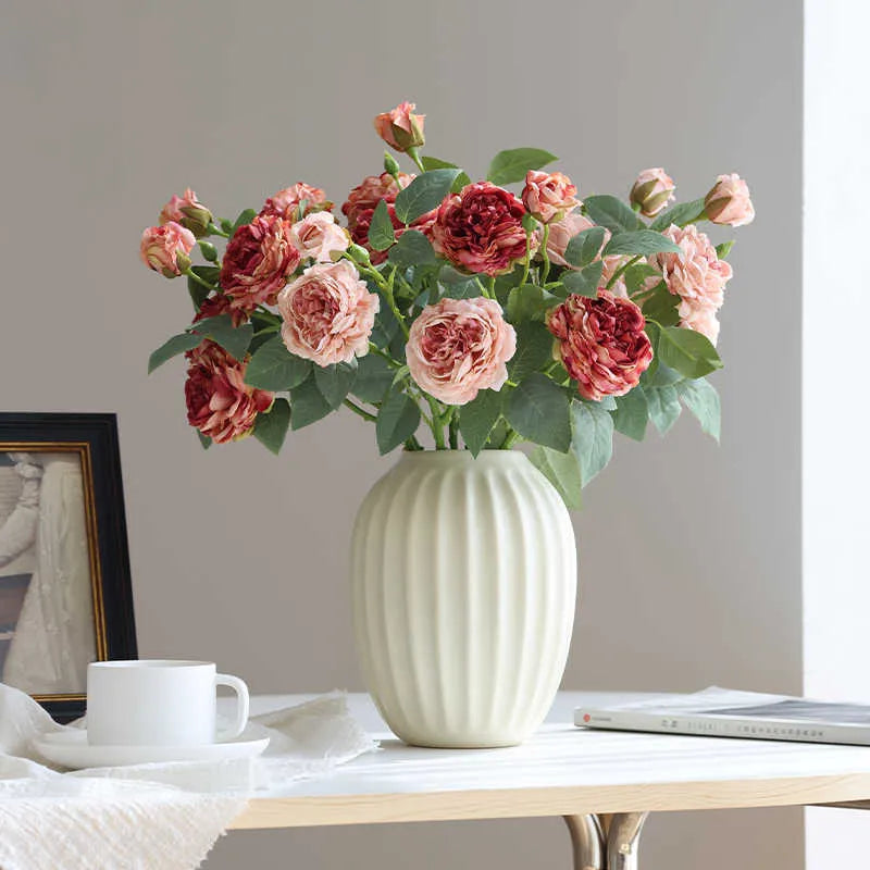 Three-head artificial silk rose flower arrangement with baked edge petals in six colour options