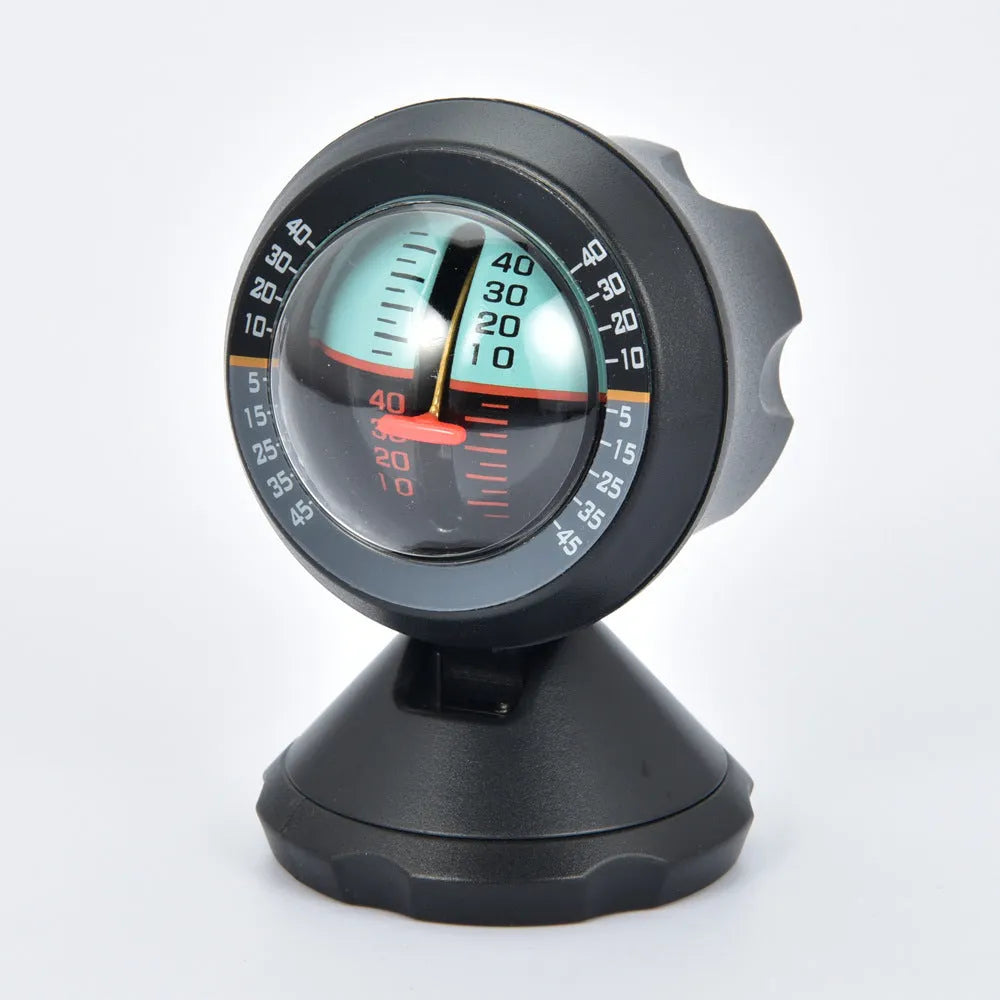 Black vehicle mounted slope meter with adjustable viewing angle for measuring automotive pitch and roll