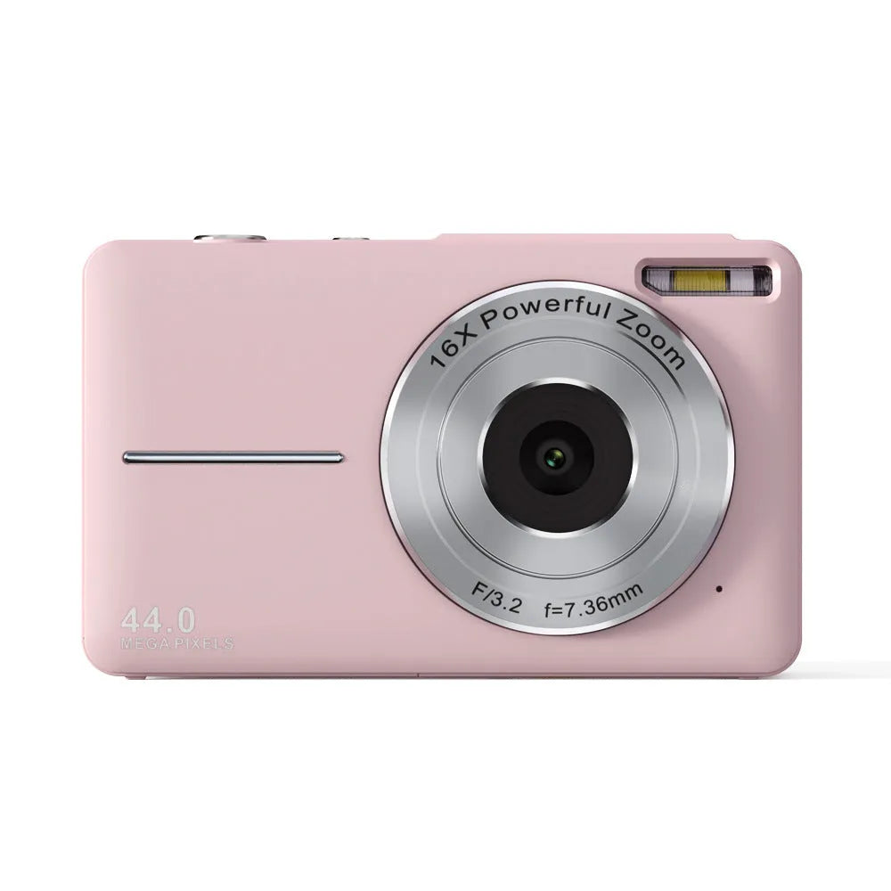 Colourful children's mini digital camera with large screen, showing black, pink and green options with lanyard.
