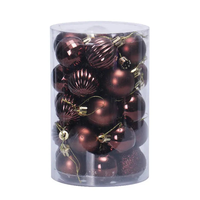 Assortment of 34 round 4cm plastic Christmas baubles in gold, silver, red, blue, and other colours.