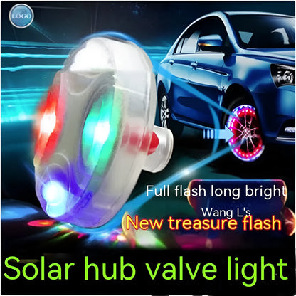 Solar-powered LED valve stem light for car and motorcycle tyres with adjustable colours.