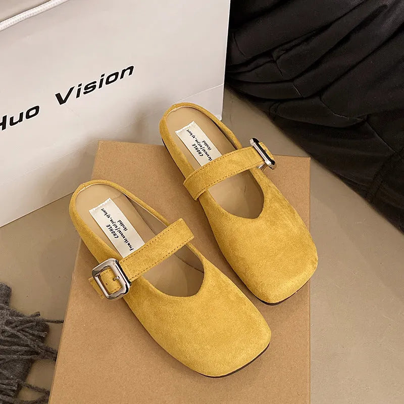 Women's closed toe flat slippers in apricot colour with square toe shape and rubber sole
