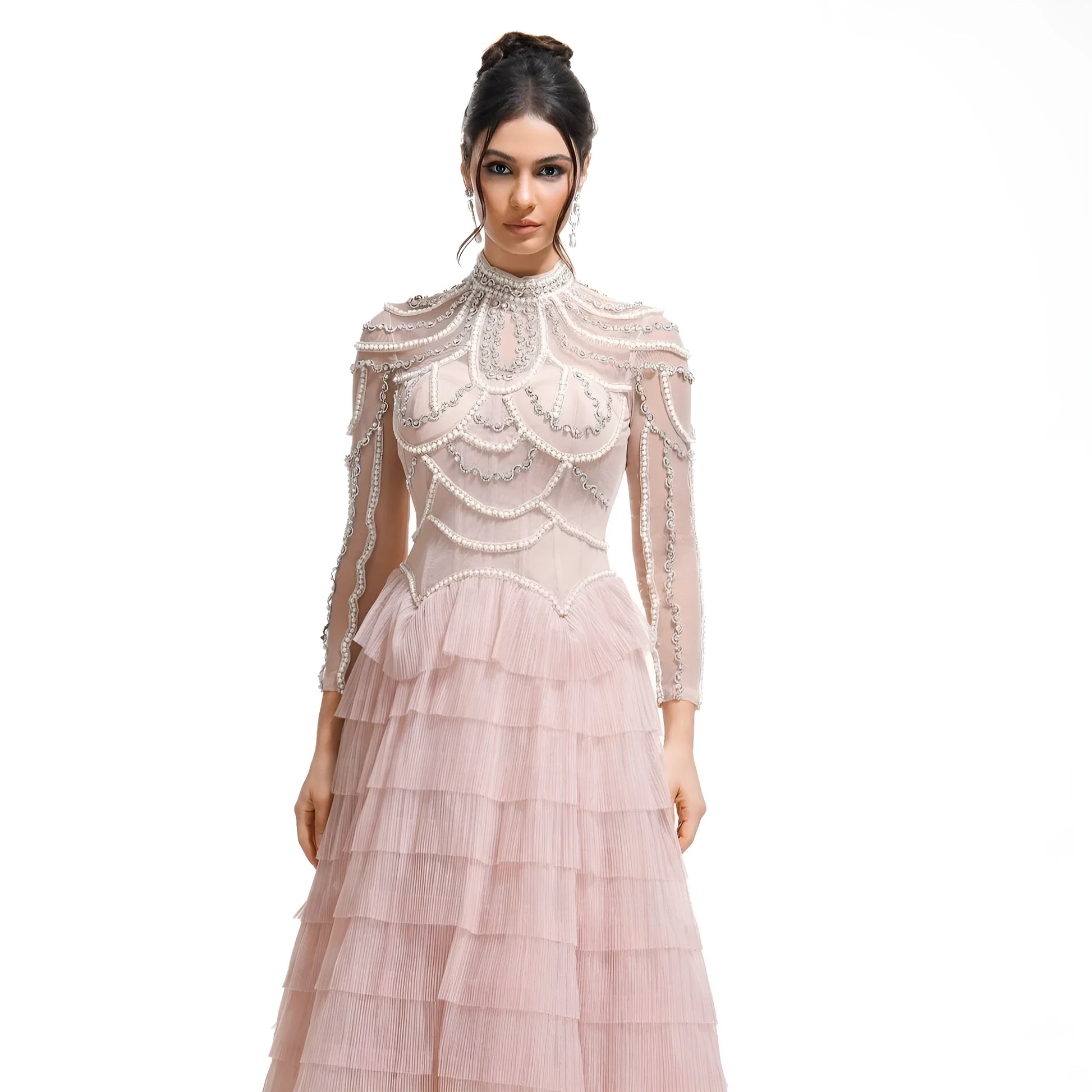 Black long sleeve beaded dress for women with 3D decoration and mid-waist fit.