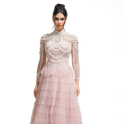 Black long sleeve beaded dress for women with 3D decoration and mid-waist fit.