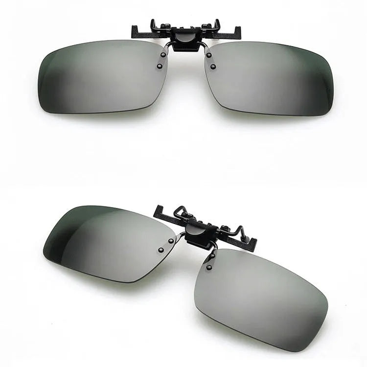 Clip-on sunglasses for prescription glasses in PC material, shown in large and small sizes with different coloured lenses.