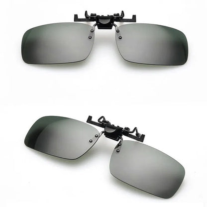 Clip-on sunglasses for prescription glasses in PC material, shown in large and small sizes with different coloured lenses.