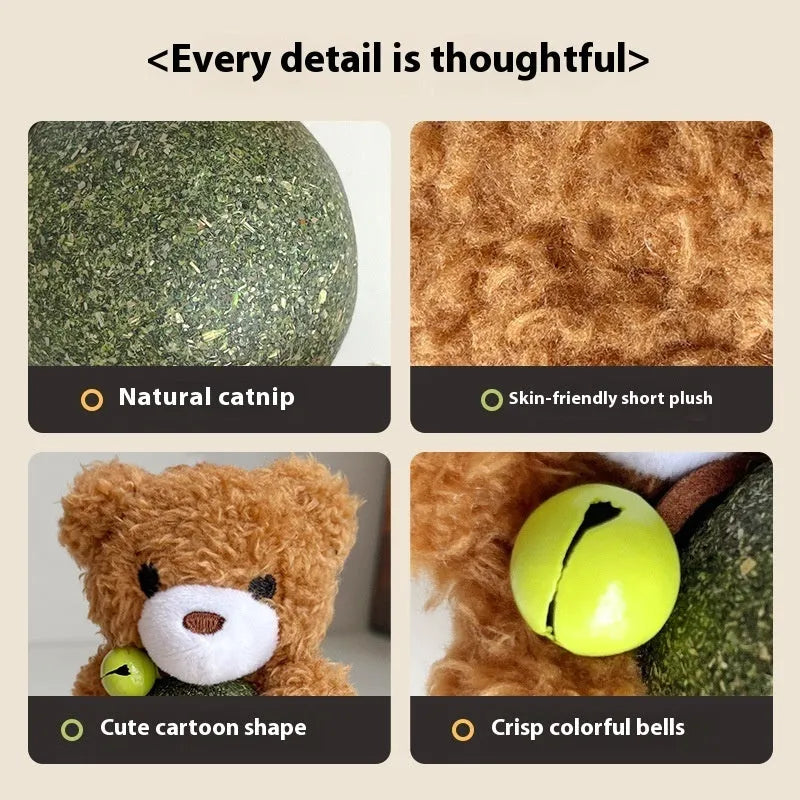 Brown bear plush cat toy with a 4cm mint ball inside, next to a measuring tape showing 15cm height.
