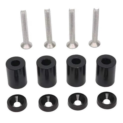 Aluminium engine cover spacer kit with four screws, nuts, and washers in red, blue, and black colours