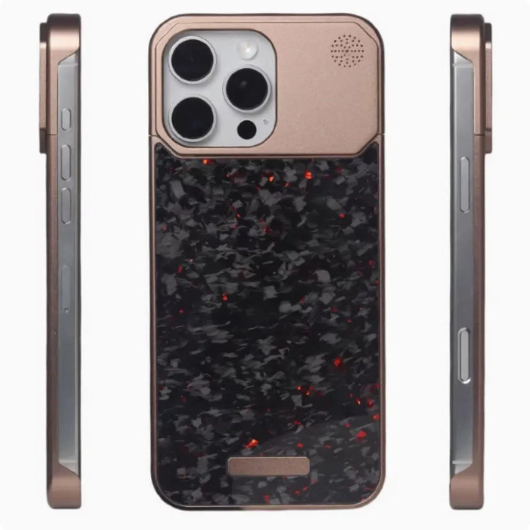 Frameless metal aromatherapy phone case with forged fiber pattern and magnetic charging for iPhone 15 Pro to 16 Pro Max