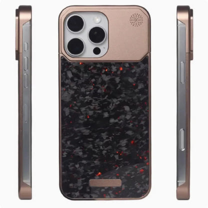 Frameless metal aromatherapy phone case with forged fiber pattern and magnetic charging for iPhone 15 Pro to 16 Pro Max