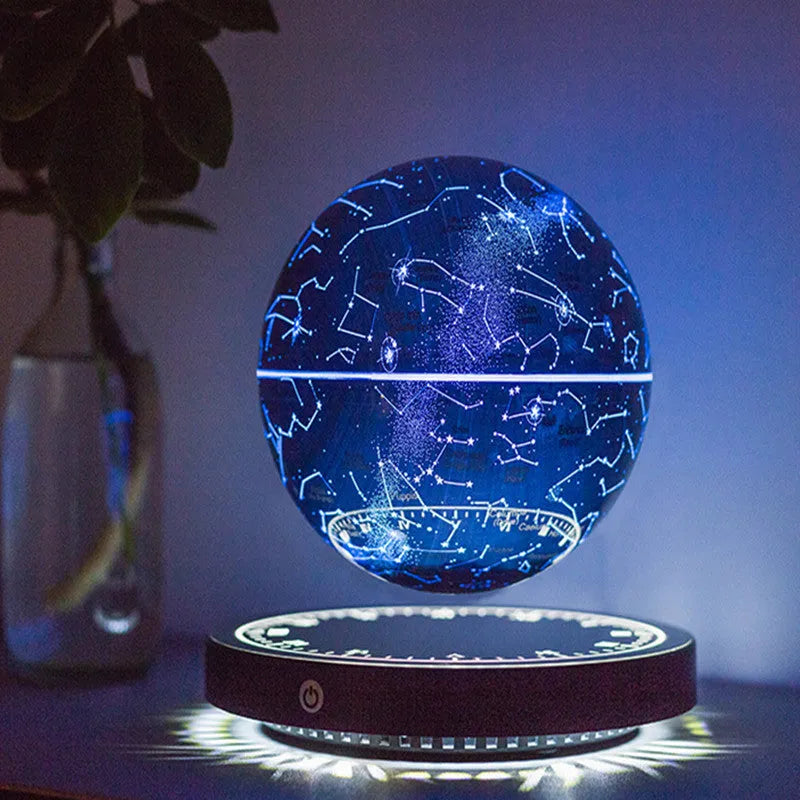 Black maglev moon lamp with floating star ball design, USB-powered modern minimalist bedside table light