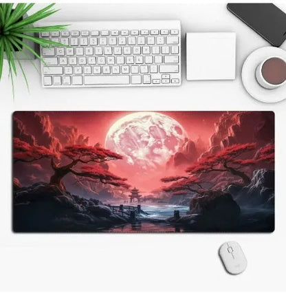 Anime-themed large black gaming mouse pad with custom graphic on a non-slip rubber cloth base.