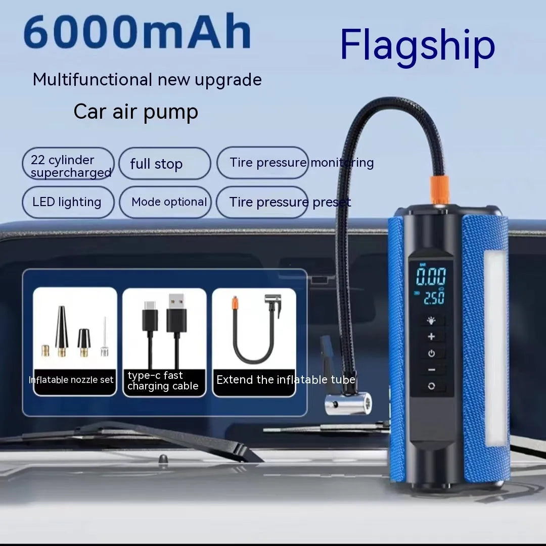 Black portable car tyre inflator with digital display, LED light, and connected air hose on a grey background
