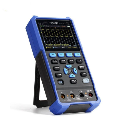 Owon HDS272 handheld digital oscilloscope with probe and accessories on workbench