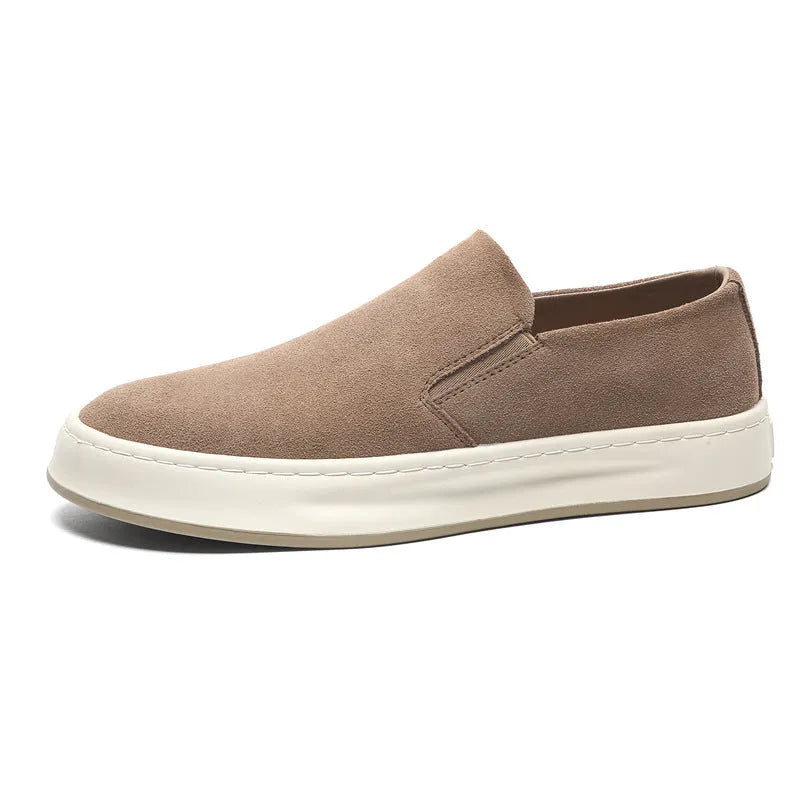 Men's grey and apricot casual shoes with mid heel, round toe, and sleeve-on design