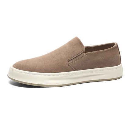 Men's grey and apricot casual shoes with mid heel, round toe, and sleeve-on design