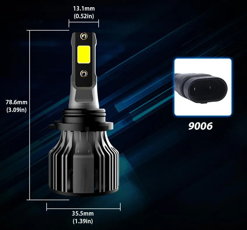 Close-up of a 6000K white LED car headlight bulb with adjustable chuck and connector, showing compact design.