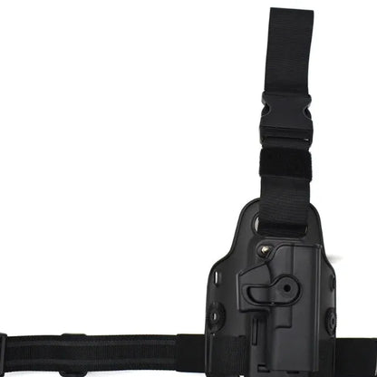 Green tactical leg holster with plastic quick-pull waist plate for attaching a hydration pack.
