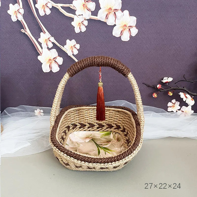 Hand-woven hemp rope basket in coffee brown, 19cm by 12cm, made from natural straw with rustic design