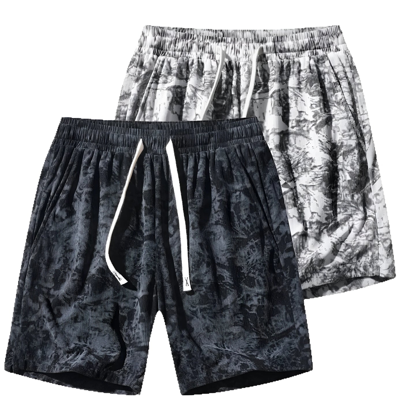 Men's corduroy camouflage athletic shorts in grey with a high-waist and straight-leg design.