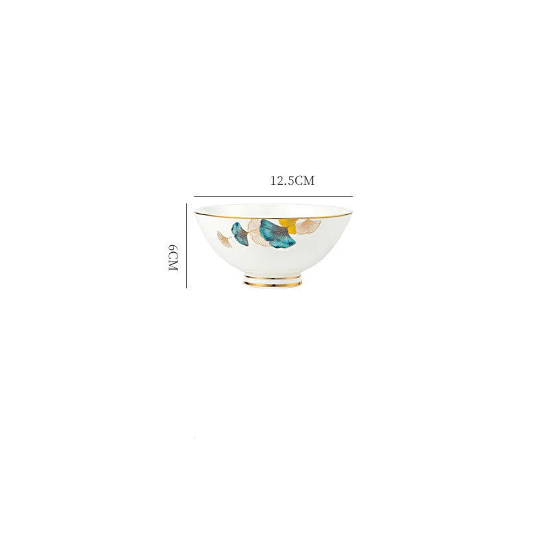 Round porcelain dinner plate with Nordic plant and flower design, flat disk shape, glaze colour finish