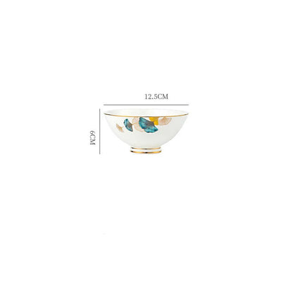 Round porcelain dinner plate with Nordic plant and flower design, flat disk shape, glaze colour finish